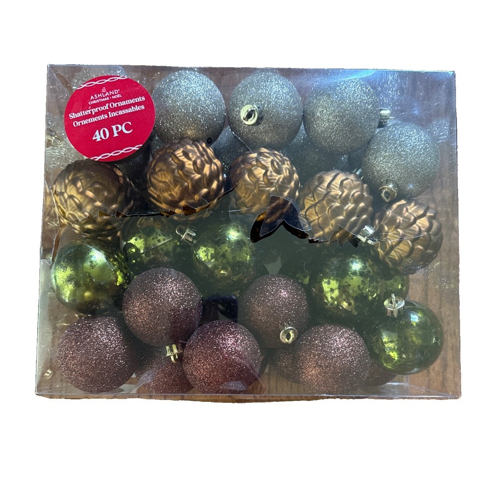 Ashland 40 count shatterproof Christmas ornaments Gold Copper Olive Green Brown